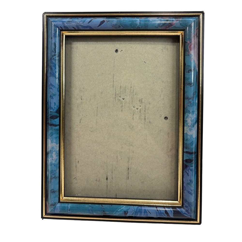 Vintage Blue Marbled Picture Frame Gold Trim Glass Tabletop 4x6 Photo Frame
